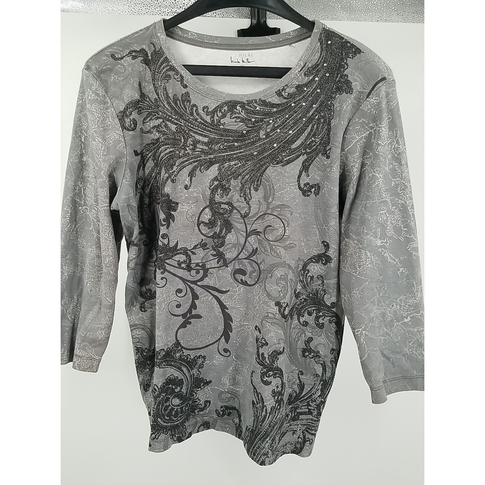 Nicki by Nicole Miller Women Gray Floral Rhinestone 3/4 Sleeve Casual Top M